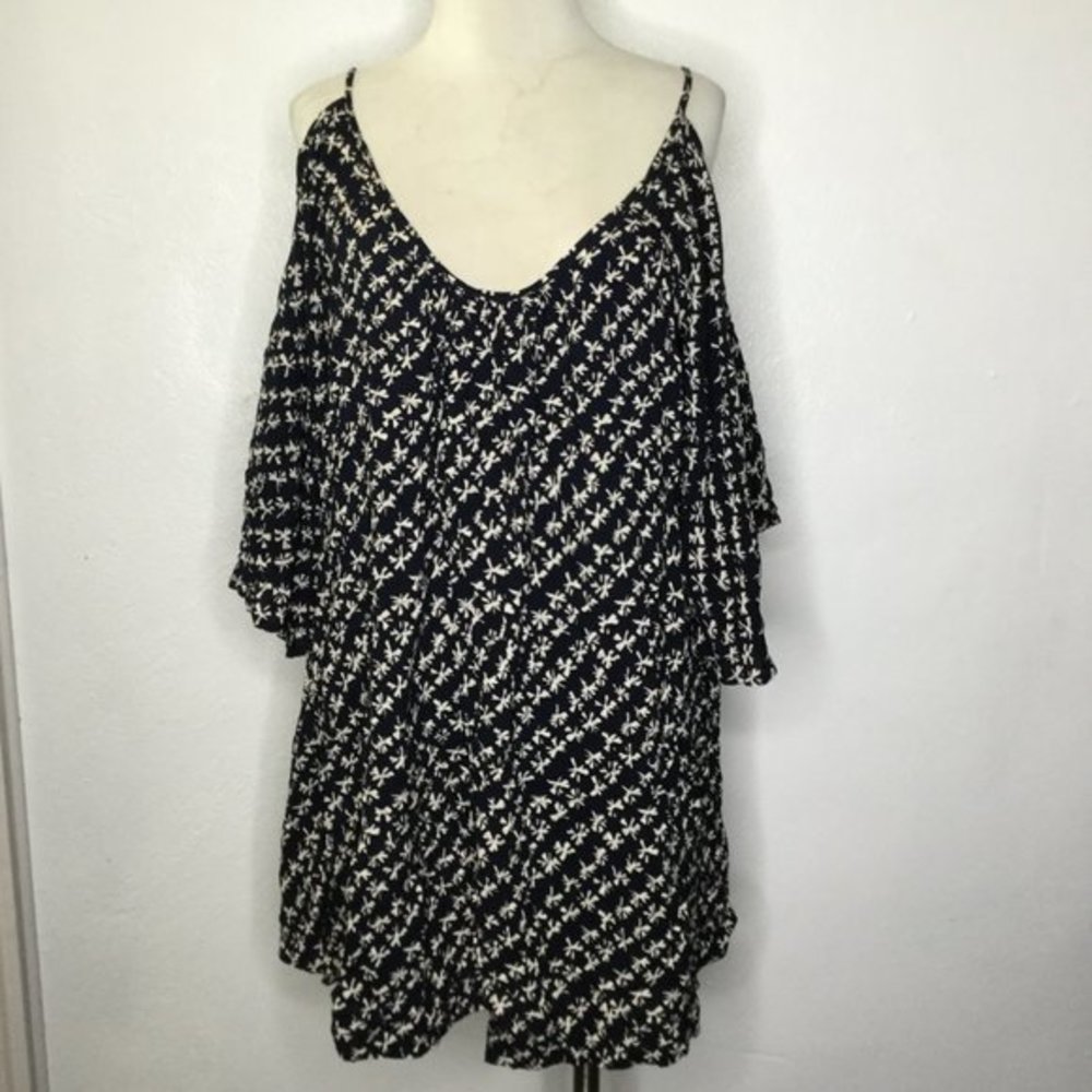 Swell Cold Shoulder Bell Sleeve Navy Blue Printed Tunic Blouse Size Large